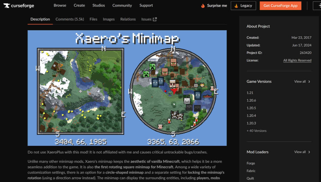 Xaero's Minimap のサイト